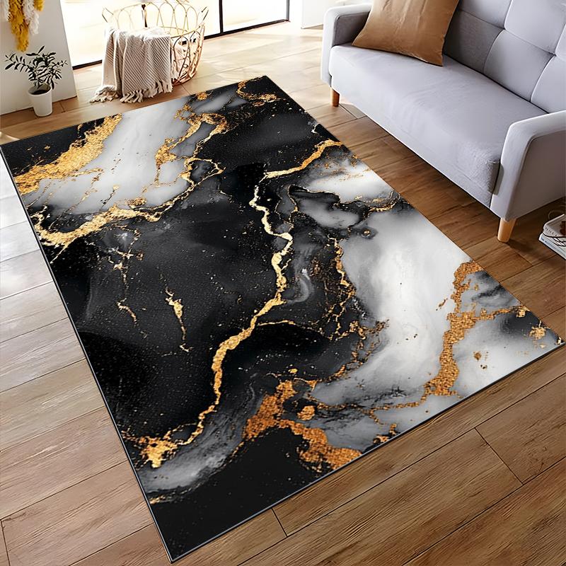 Black and Gold Marble Abstract Design Rug Non-slip rug suitable for living room and bedroom sofas.
