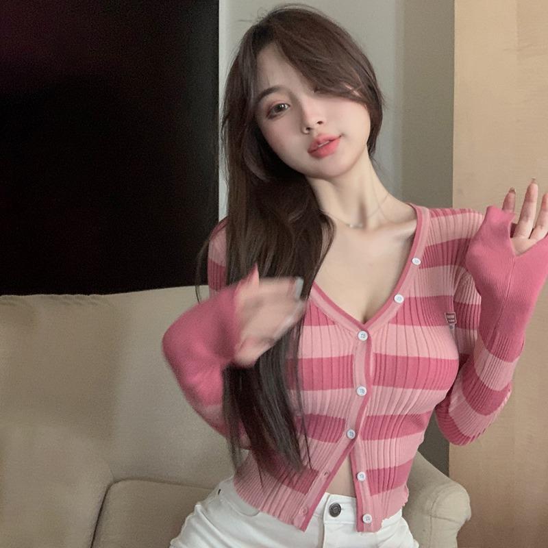 Women's Cardigan Stripe Slim Casual Sweet Single Breasted