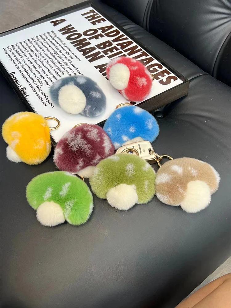 Wholesale Cute Mushroom Real Rex Rabbit Fur Key Chains Girls Schoolbag Toy Pendant  Women Bag Charm Ornaments Car Keyring Gift