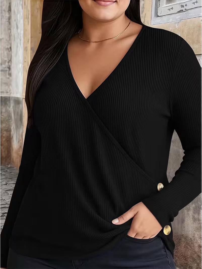 Elegant Plus Size V-Neck Button-Up Long Sleeve Knit T-Shirt for Women 1XL чёрный