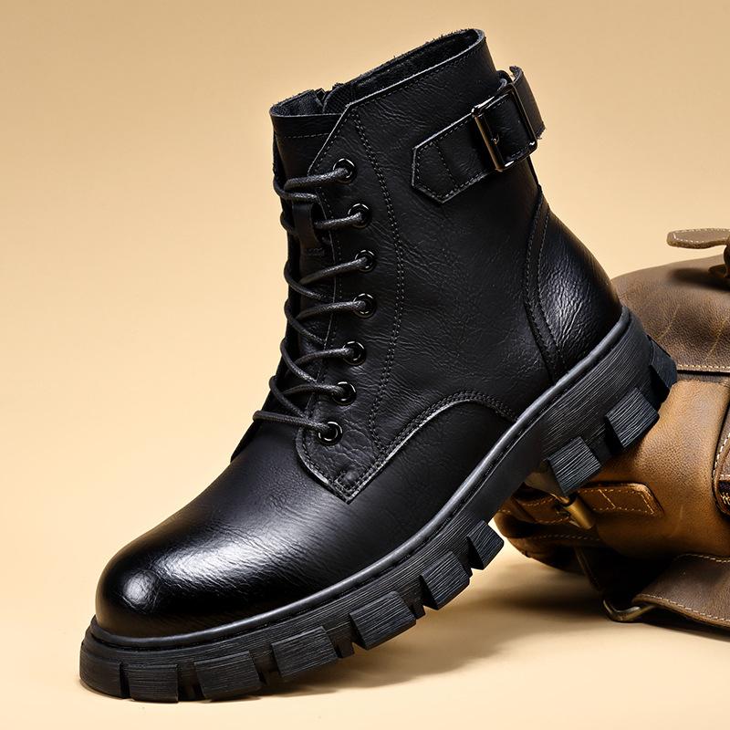

Мужские ботинки из натуральной кожи Модные повседневные ботинки с высоким верхом Ботинки в британском стиле Короткие ботинки для мужчин Плюшевые теплые зимние ботильоны Botas Hombre 38 чёрный