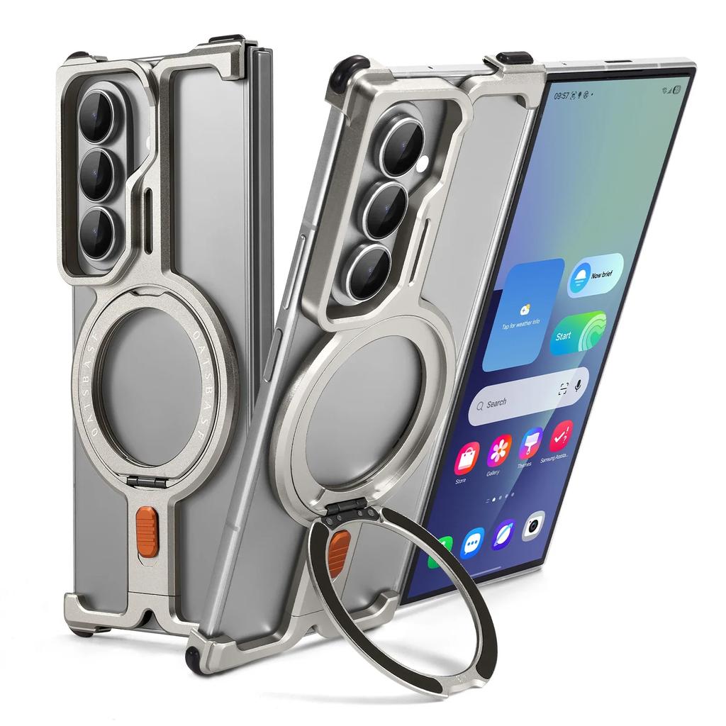 Oatsbasf Magnetic Metal Phone Case for Samsung Galaxy Z Fold 7 with Ring Stand 360°Rotatable Ultra-thin Frameless Shockproof