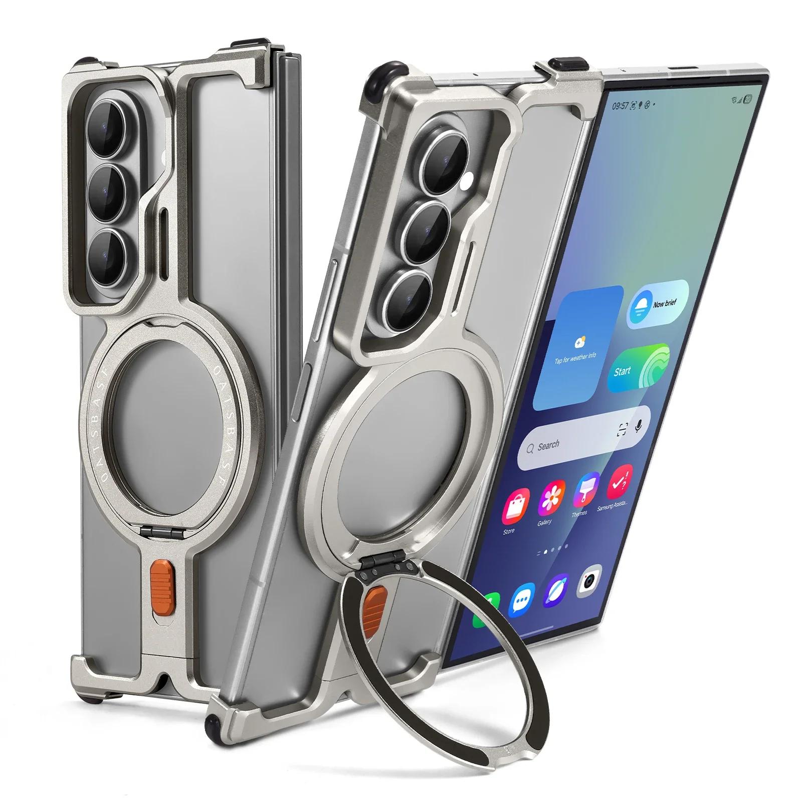 

Oatsbasf Magnetic Metal Phone Case for Samsung Galaxy Z Fold 7 with Ring Stand 360°Rotatable Ultra-thin Frameless Shockproof Galaxy Z Fold7
