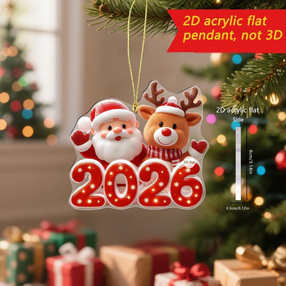 2D Flat Acrylic Cute Cartoon Santa Claus Snowman Elk Pendant 2026 Happy New Year Gift Xmas Tree Hanging Ornament Home Xmas Decor