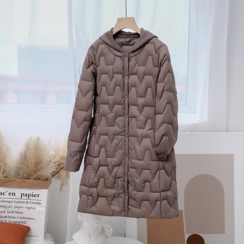 Womens Lightweight Hooded Down Jacket Mid-Length Knit Collar Casual Coat 2025