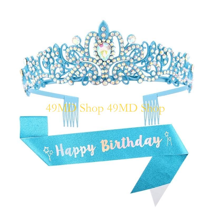 49MD 2pcs Birthday Party Crystal Tiaras and Sash Set for Women Fashion Hair Accessory