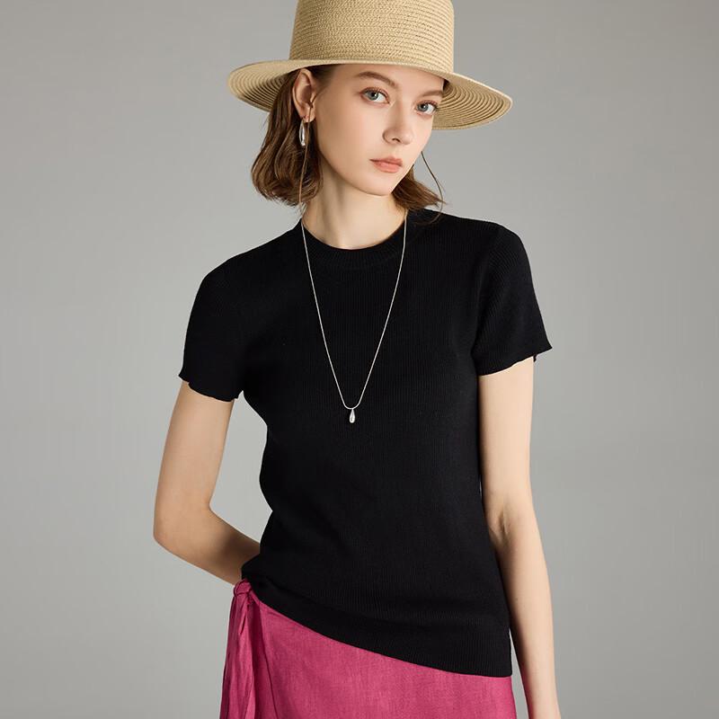 Wudao Mulberry Silk & Linen Blend Rib Knit Short Sleeve T-shirt