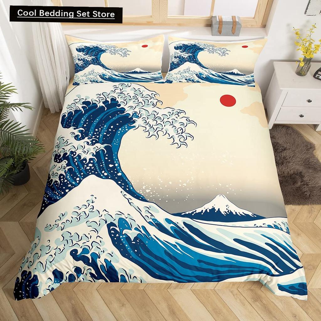 Japanische Ukiyo-e King Queen Bettbezug Goldener Fisch Hokusai Bettwäsche-Set Kran Welle Steppdeckenbezug Rote Sonne Polyester Bettdeckenbezug