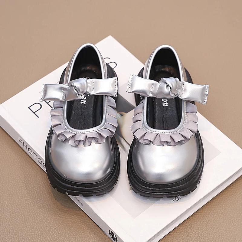 

Туфли принцессы для девочек из кожи Элегантные с оборками Плиссированный бант Милые детские туфли для свадебной вечеринки Толстая подошва Шикарные Мягкие 26 серебряный