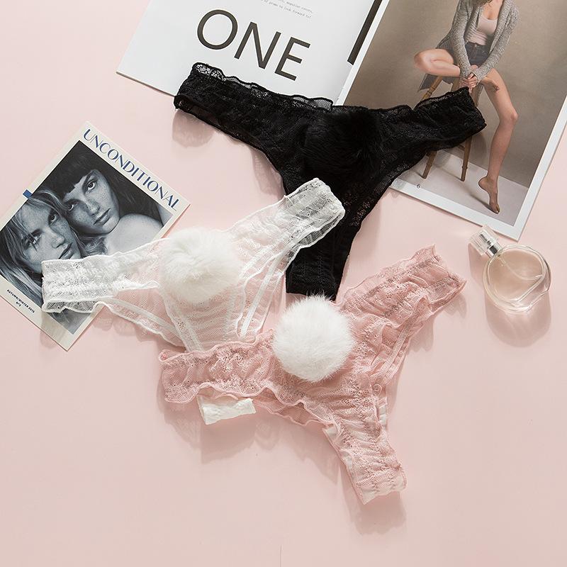Women Lace Mesh Cotton Thongs Panties Sexy Rabbit Tail Waist Vintage Lingerie for Women Comfortable Underwear