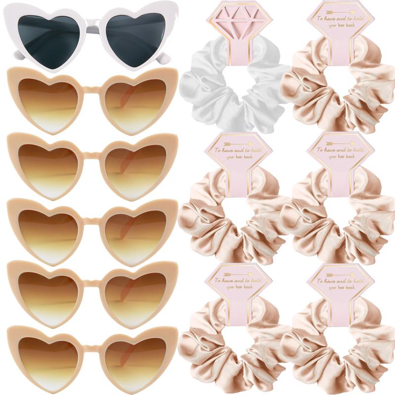 

Bridesmaid Gifts Bridesmaid Satin Hair Ties Set with Heart Shaped Sunglasses Wedding Party Bridal Shower Favors Proposal Gifts