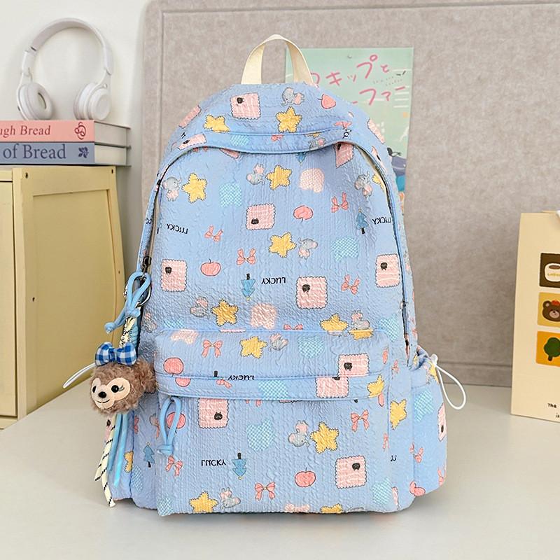 Cute Bow Star Elephant Apple Pattern Student Backpack With Plush Pendant For Middle School Students