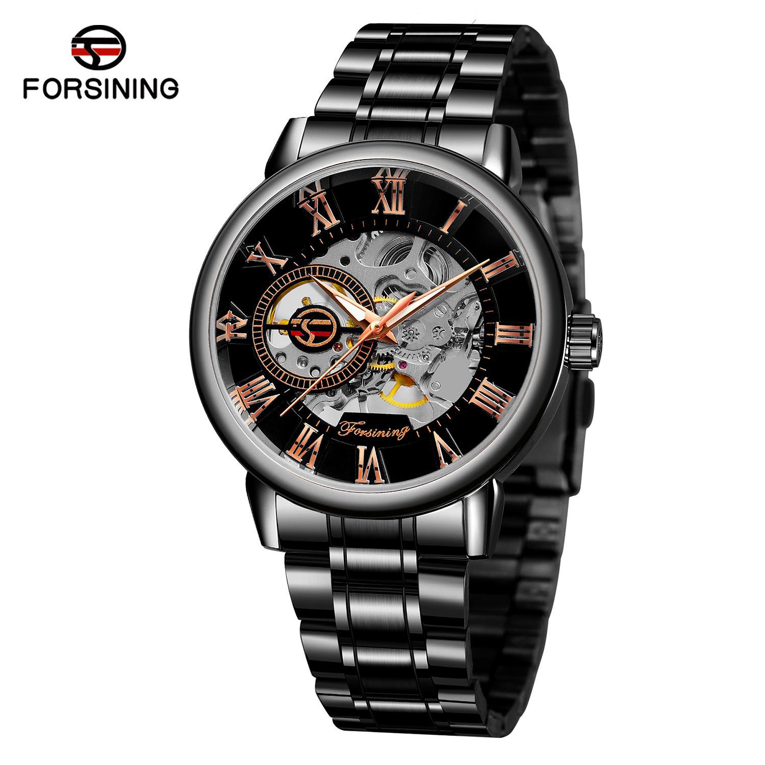 

FORSINING Men s Roman Numeral Skeleton Steel Band Automatic Mechanical Watch