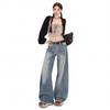 Autumn and winter new retro washed bamboo pattern wide leg straight jeans women