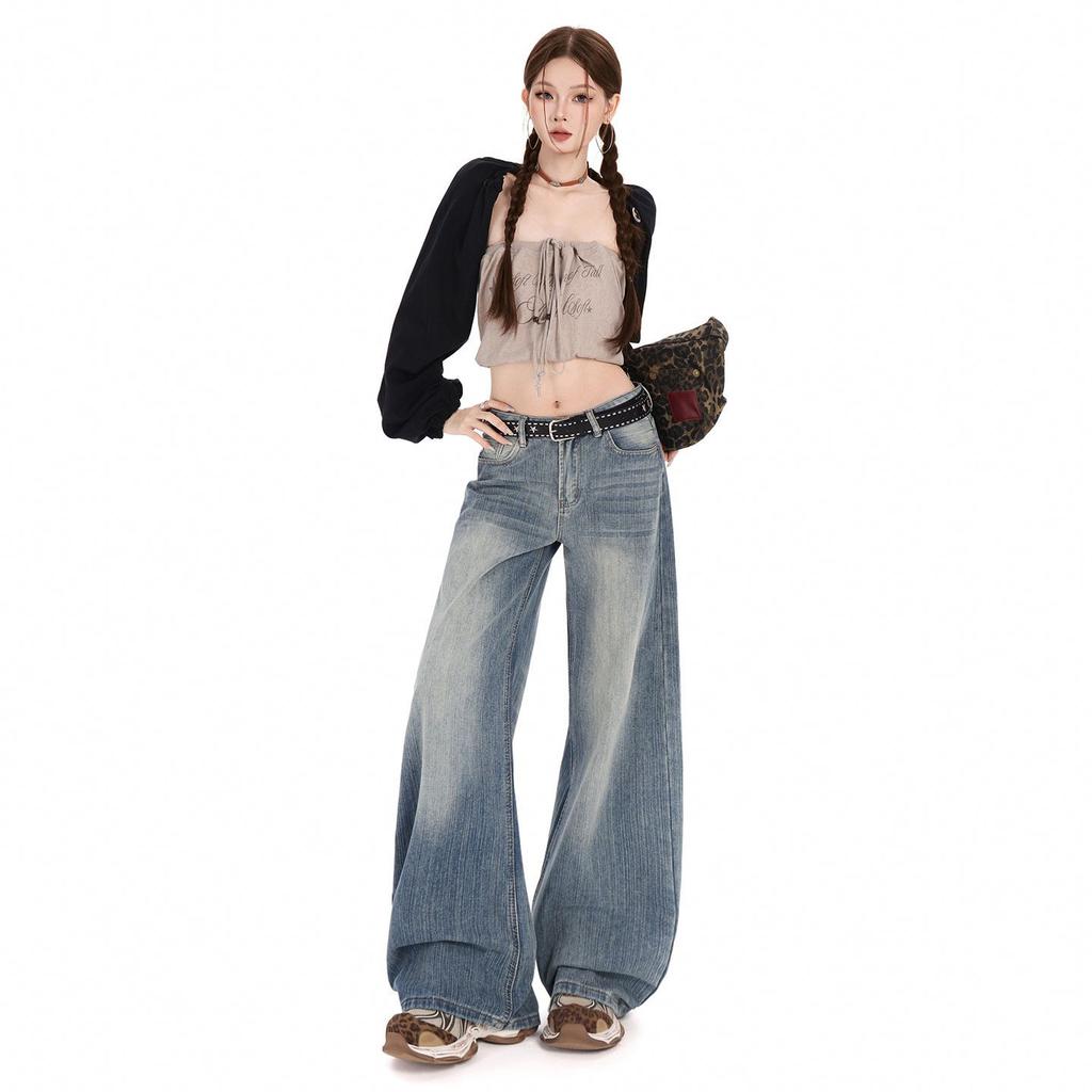 Autumn and winter new retro washed bamboo pattern wide leg straight jeans women