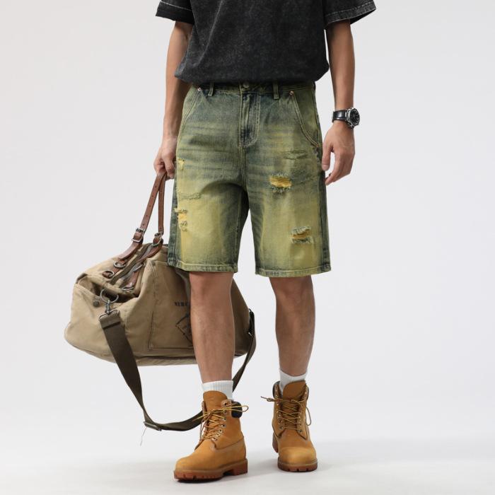 

Новые летние ретро старые рваные джинсовые шорты мужские свободные прямые с вырезами 40