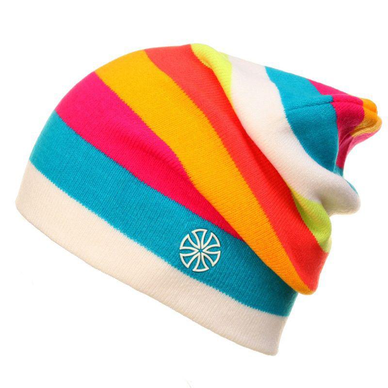 Women Men Winter Knitted Snow Ski Beanie Hat Rainbow Striped Baggy Slouchy Cap