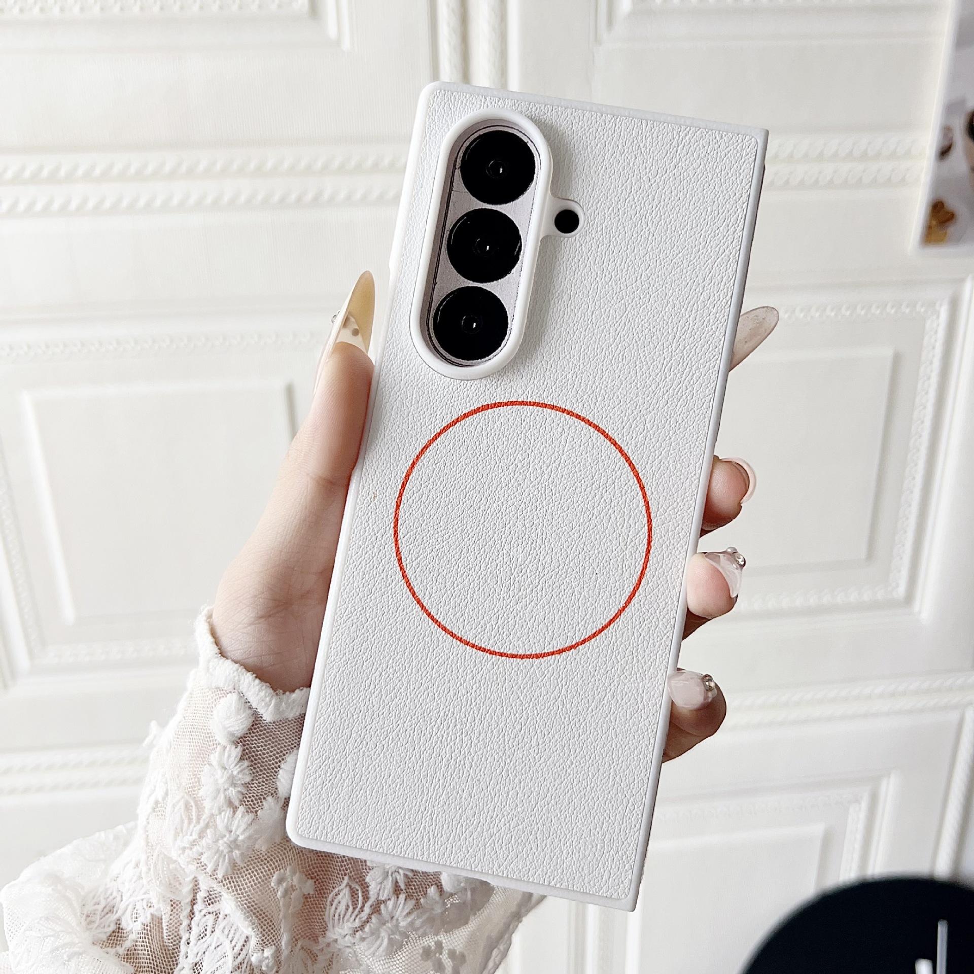 

Minimalist Leather Foldable Screen Phone Case For Samsung Galaxy Z Fold 7 6 5 Fine Ring Magnetic Wireless Charging Protect Cover Galaxy Z Fold6