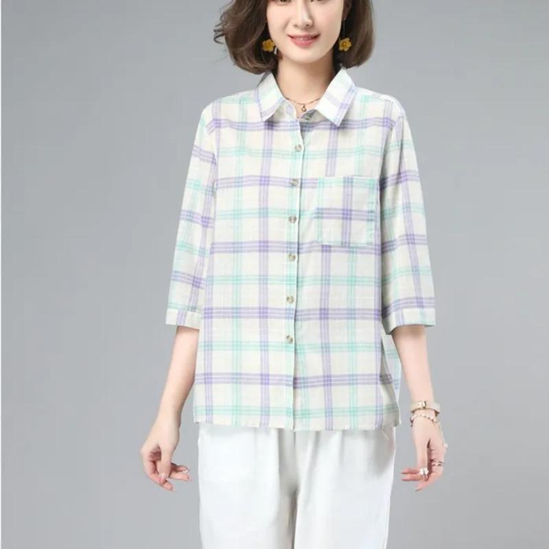 Summer Breathable Linen Top Women's Pink Blue Plaid Collared Shirt