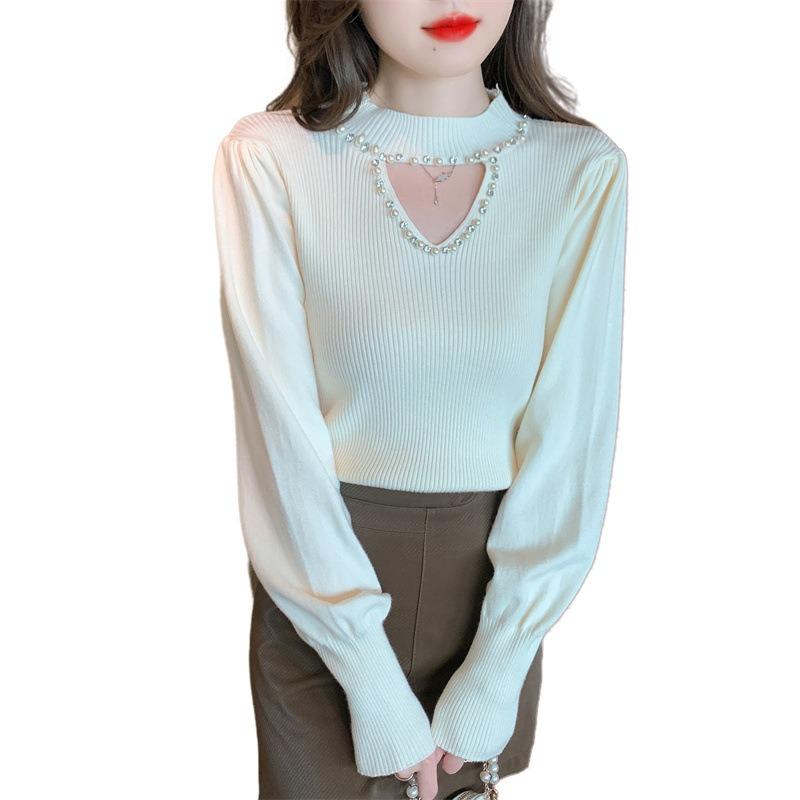 Autumn and Winter Women's Knitwear Bottoming Shirt Design Sense of Beading Hanging Neck Half-high Neck Blouse Inner Long-sleeved Tops