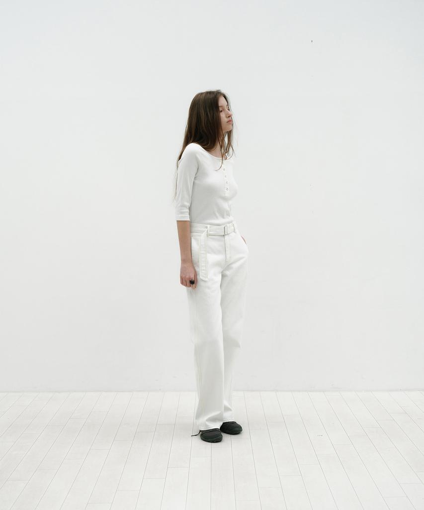 Loutaideu Stitched Belt Cotton Pants [White]