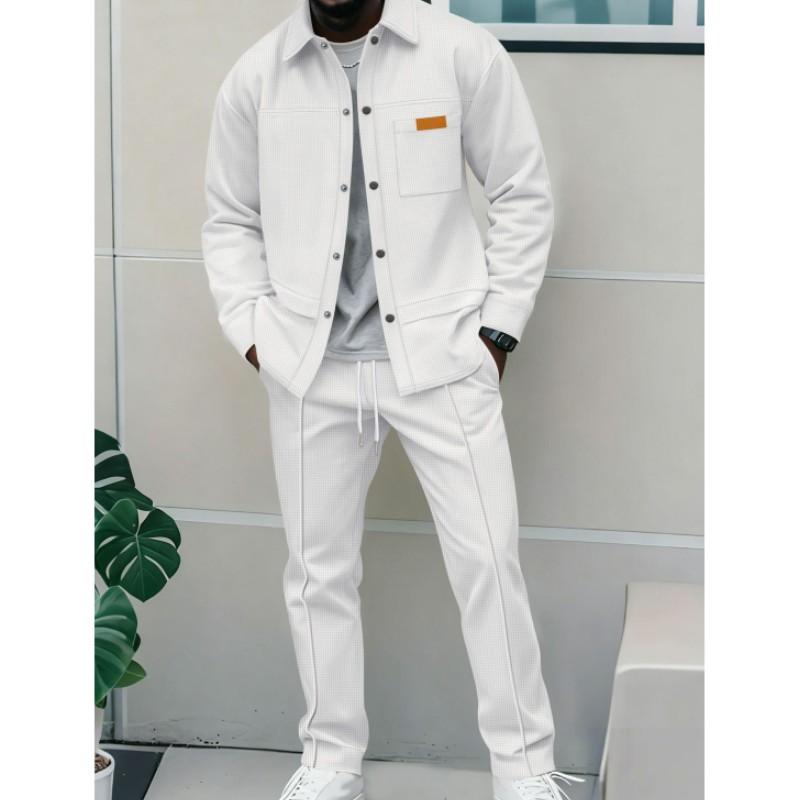 Men'sSpring and Autumn Waffle Pure Color Placket Pocket Jacket + Pants Set - A Casual Two-Piece Outfit
