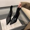 Botines cortos de tacón alto de punta para mujer, tacón fino, cremallera trasera, 2025 nuevo otoño e invierno, piel charol negra, botines finos premium