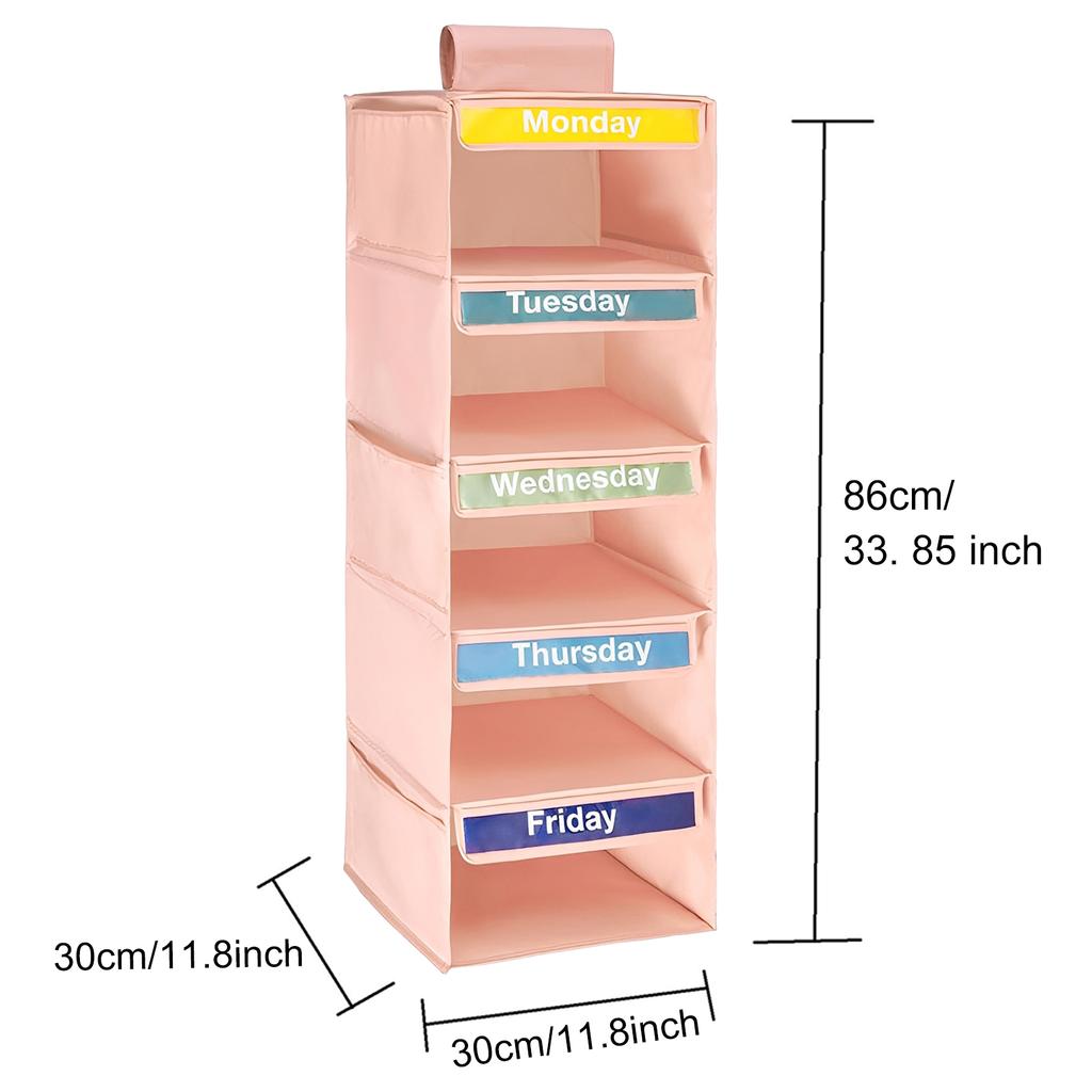 5-Shelf Hanging Closet Organizer with 5 Side Pockets Weekly Clothing Divider with Labeled Days Hanging Storage Shelves for Home