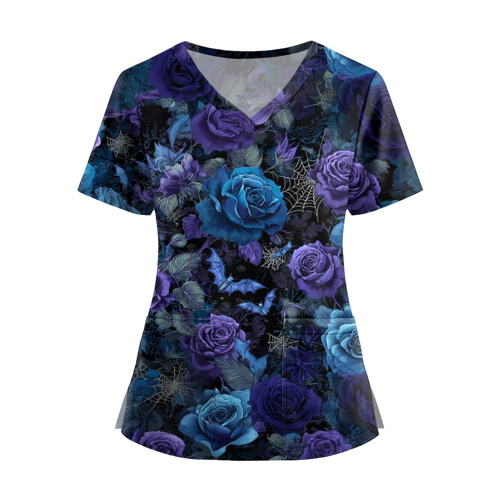 Damenmode V-Ausschnitt Kurzarm Overalls mit Taschen Print Tops Kleidung