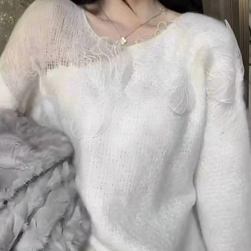 Pullover mit französischer Spitze und hohlen Blumen für Damen im Herbst und Winter, lockeres Strickoberteil-Design für Damenbekleidung