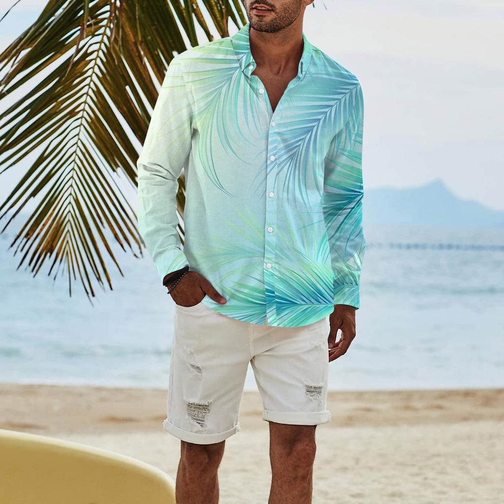 Men's Fashion Long Sleeve Printed Casual T Shirt Button Regular Fit Shirt Top