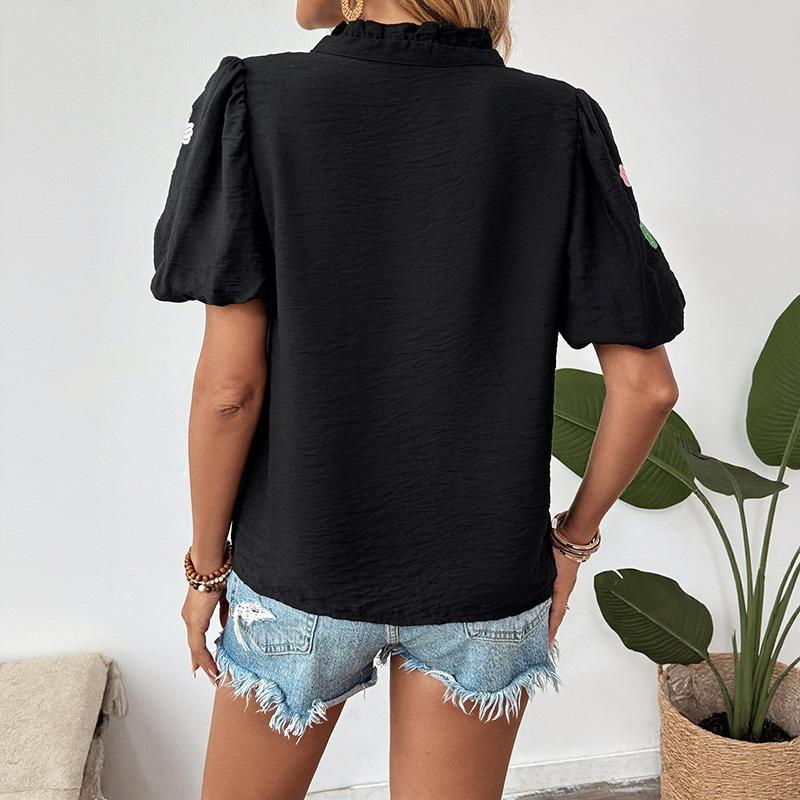 JKASHDK Women's Fashion Casual Summer Spring Flower Pattern Print Short Sleeve V-Neck Blouses & Shirts