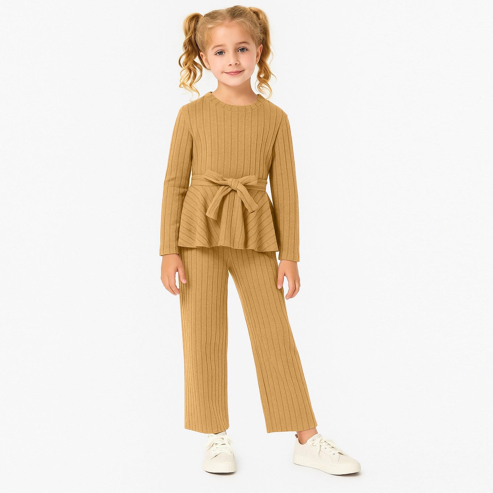 

Полосатый вязаный комплект для девочек - Топ с длинным рукавом и прямые брюки с широкими штанинами 9 жёлтый