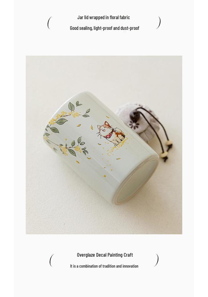 Osmanthus Kitten Exquisite Ash Wood Ceramic Tea Storage Can