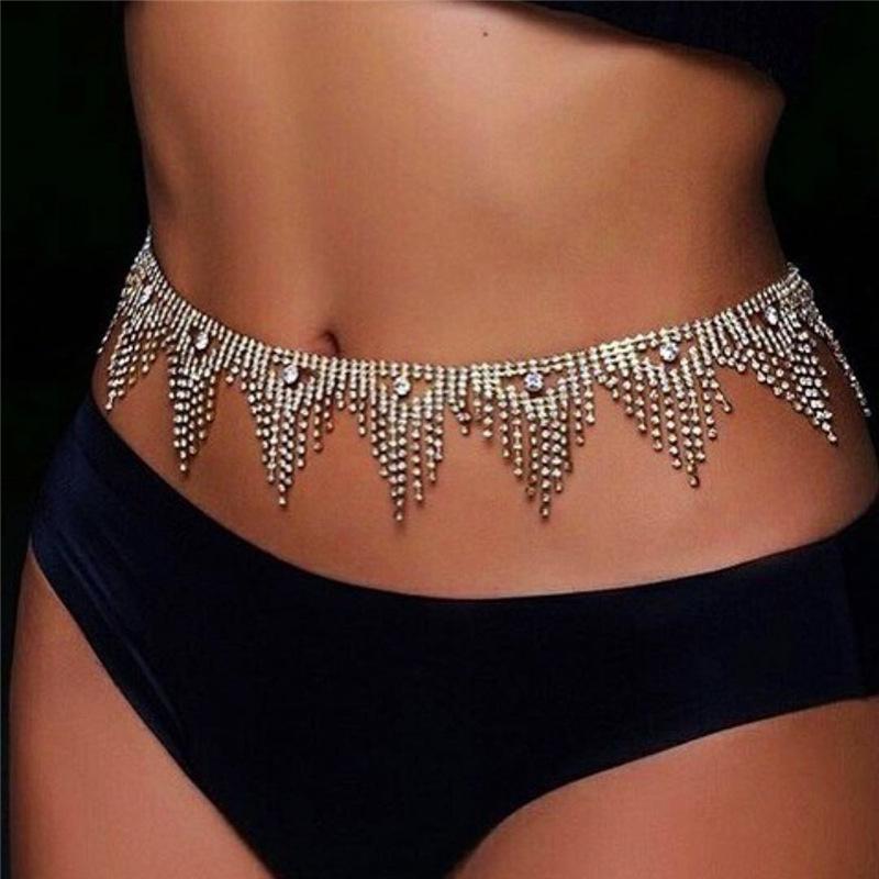 European and American Fashion Rhinestone Tassel Dancer Waist Chain Shiny Belly Dance Performance Body Chains Women's Accessories