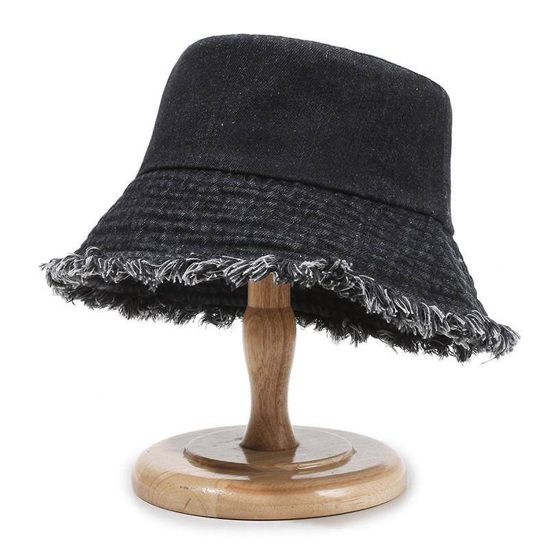 New Summer Washed Denim Blue Bucket Hat For Women Outdoor Sunshade Fisherman Cap Wide Brim Tassel Edge Label Sun Hat For Men