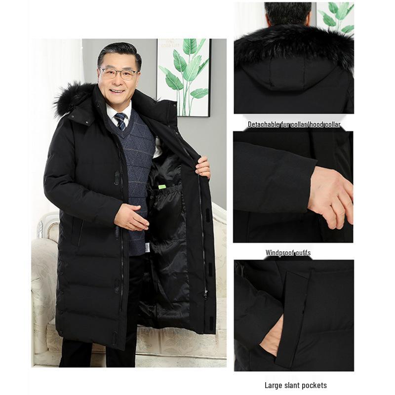 Dad's Winter Coat: Thick Knee-Length Down Jacket with Large Fur Collar for Middle-Aged & Elderly Men – Cold Protection, White Duck Down