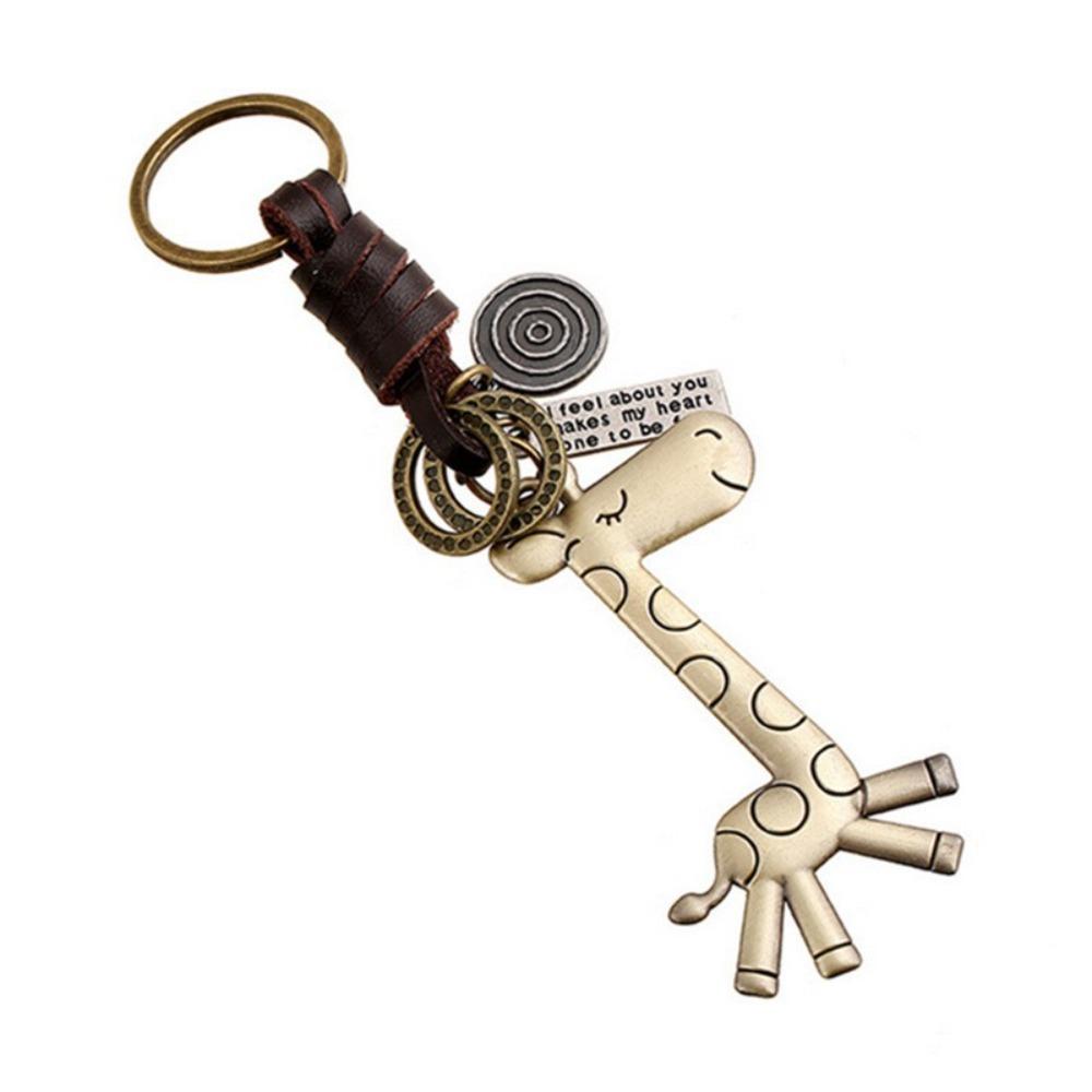 Vintage Alloy Giraffe Keychain Woven Leather Fashion Pendant Leather Key Chain Retro Bag Charm Car Key Ring