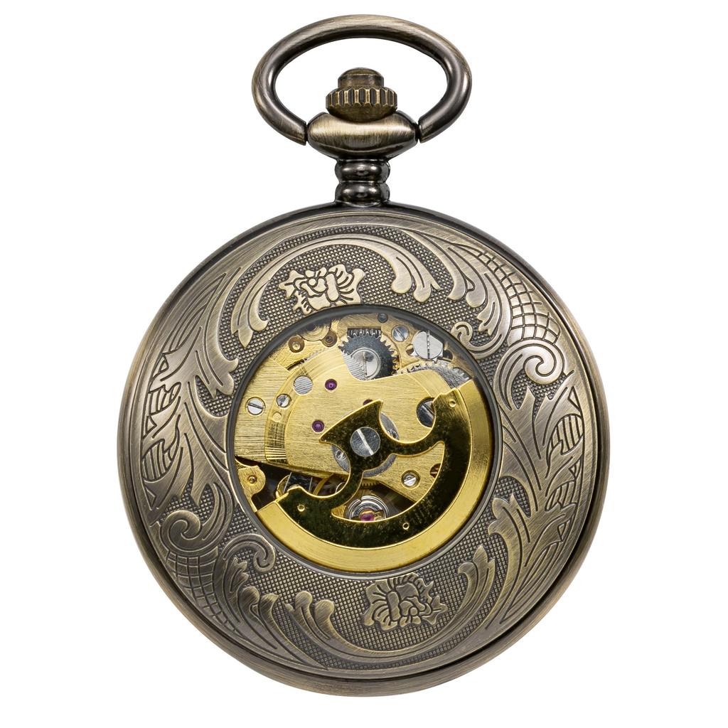 TREEWETO Automatic Mechanical Pocket Watch Half Hunter Case Steampunk Skeleton Dial Men Women Ladies