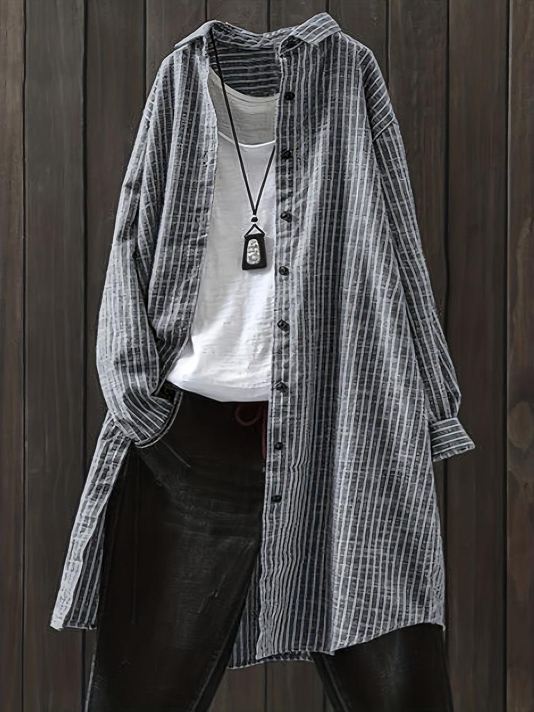 New Women's Cotton and Linen Striped Shirt, Mid Length Long Sleeved Pocket Top