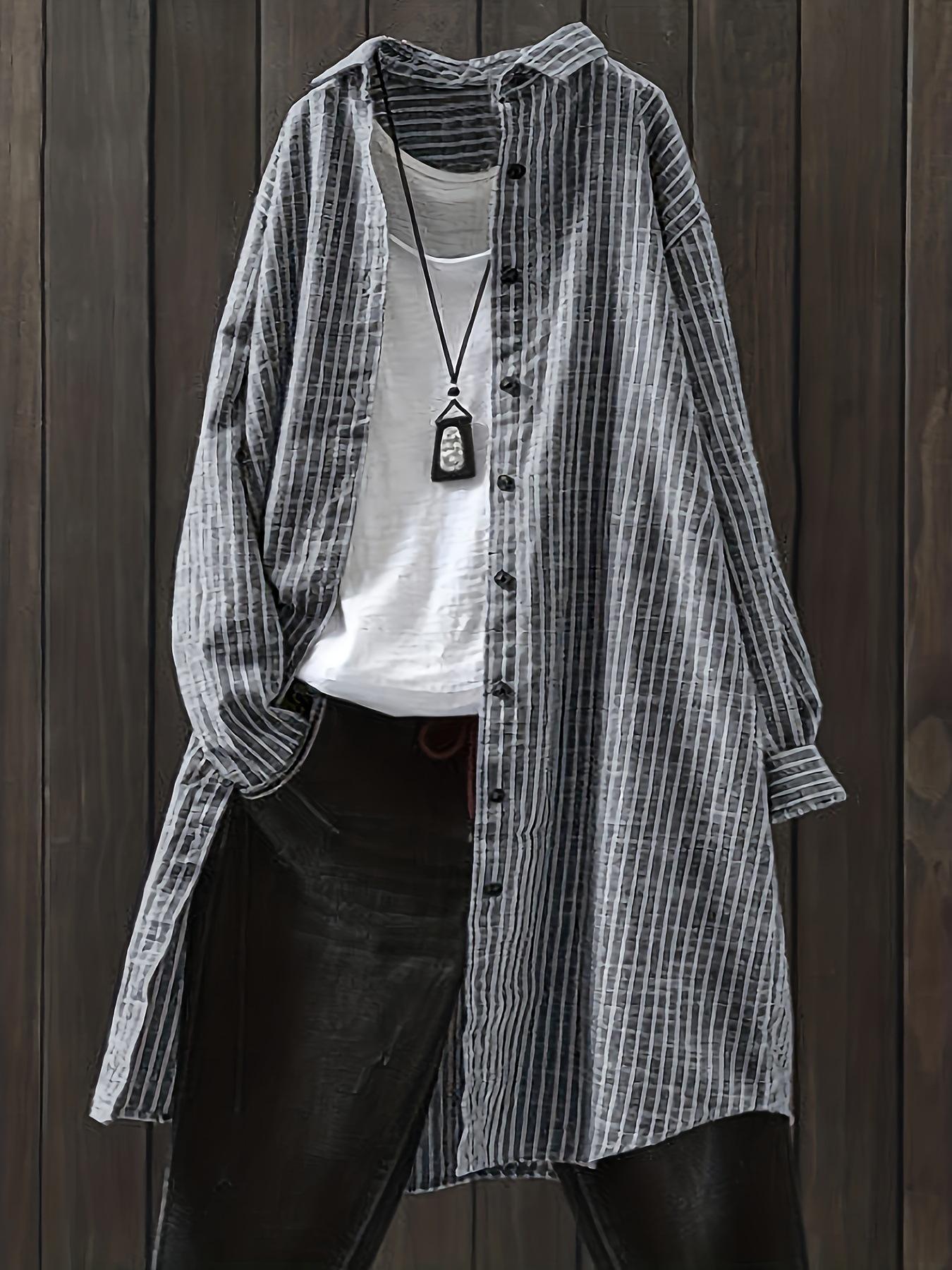 

Летняя новая модель женской литературной хлопково-льняной полосатой рубашки XXL чёрный