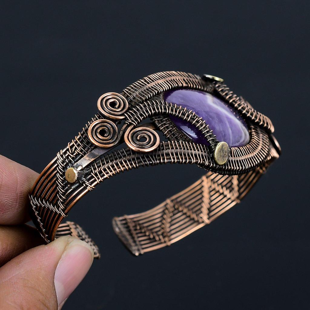 Sage Amethyst Gemstone Pure Copper Wire Wrapped Handmade Cuff/Bangle Jewelry