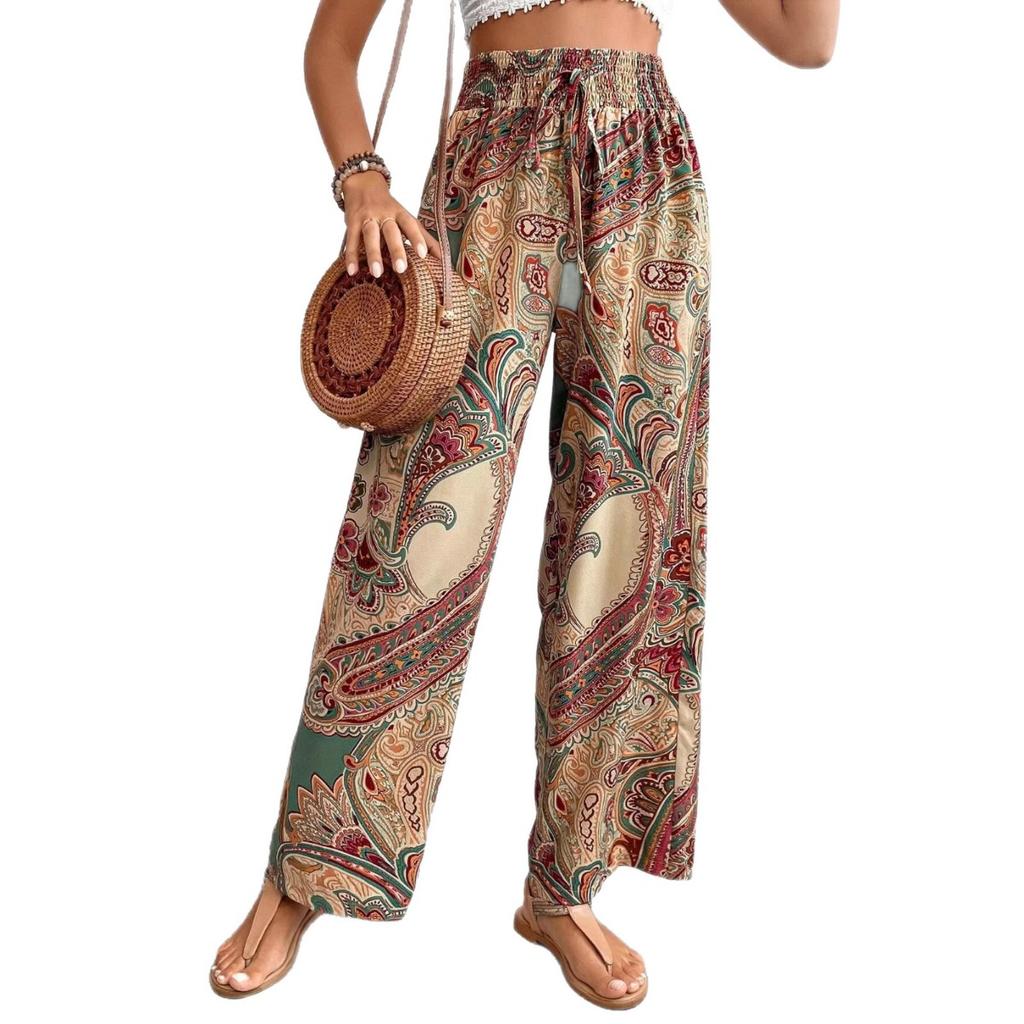 Summer New Fashion Versatile Printed Casual Wide Leg Pants for Women European American Style Ladies Bottoms