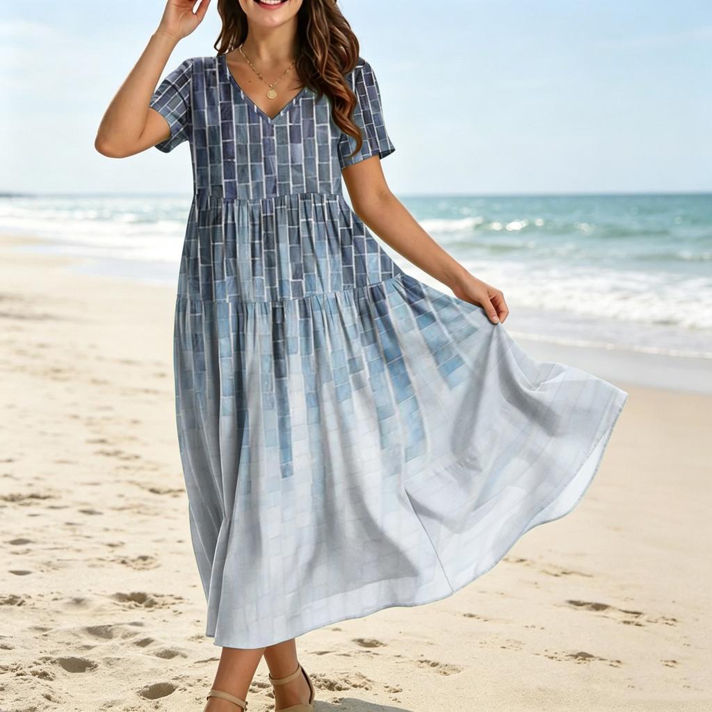 Frauen Casual Lose Bohemian Blumenkleid Kurzarm Lange Maxi Sommer Strand Swing Kleid