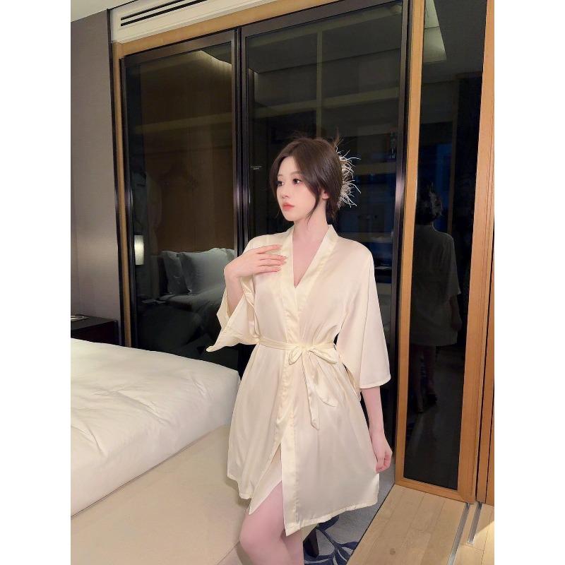 Spring and Summer New Women's Summer Loose Large Size Wedding Morning Robe Casual Single Nightgown Silk Bathrobe Robe