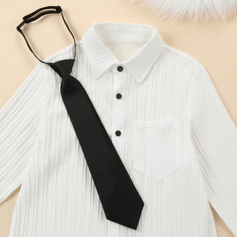 Skjorte for studentuniform med slips Gutter Langermet Hvit Skjorte Gutter Bølgepappbluse med Elastisk Slips Topp
