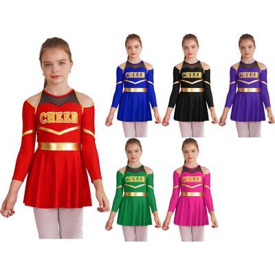 Kinder Mädchen Cheerleading Wettbewerb Leotard: Kalt Schulter & Schlüsselloch Rücken Design mit Kontrastfarben & Buchstaben Druck für Bühne