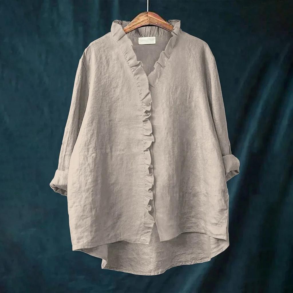 Dámský volný top s volánky, jednobarevný, se stojáčkem, s dlouhým rukávem, bavlněný a lněný