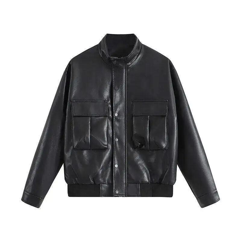 

Осенняя мужская черная куртка Мужская куртка на молнии с бейсбольным воротником Мужская модная повседневная куртка Мужское свободное мотоциклетное пальто из искусственной кожи M чёрный