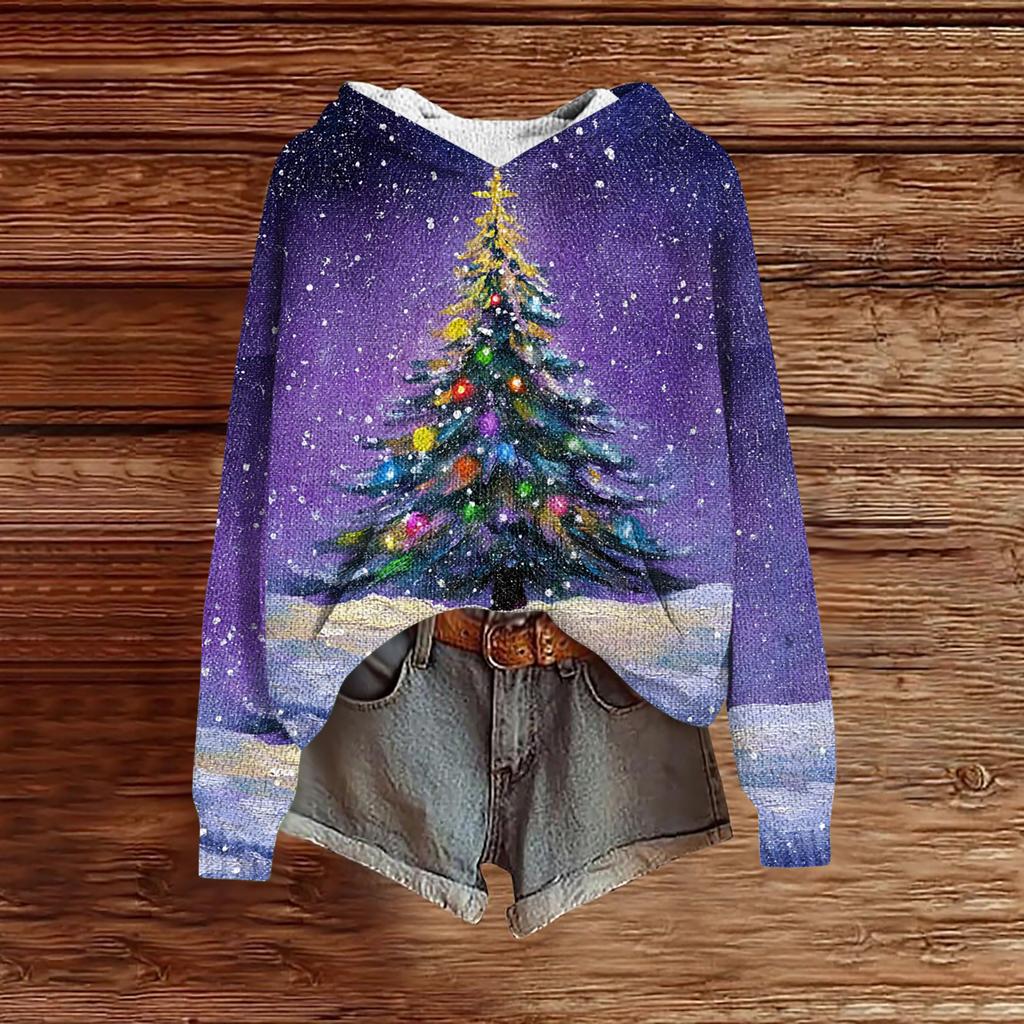 Women's Fashion Casual Long Sleeve Christmas Print Hooded Knitted Sweatshirt